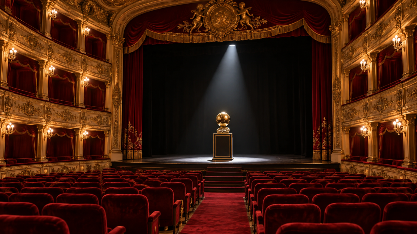 Salle de théâtre à l’italienne aux fauteuils rouges et balcons dorés, scène vide éclairée par un projecteur, trophée doré posé sur un socle.