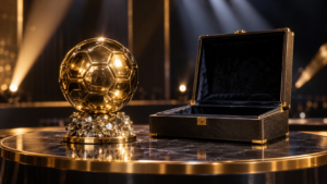 Un trophée doré en forme de ballon posé seul sur une table de scène, à côté d’un écrin vide.
