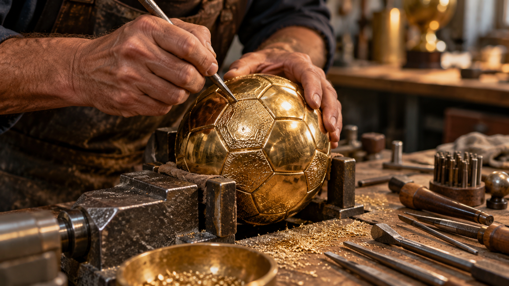 Des mains d’artisan ciselant les panneaux d’une sphère de laiton serrée dans un étau, sur un établi d’atelier.