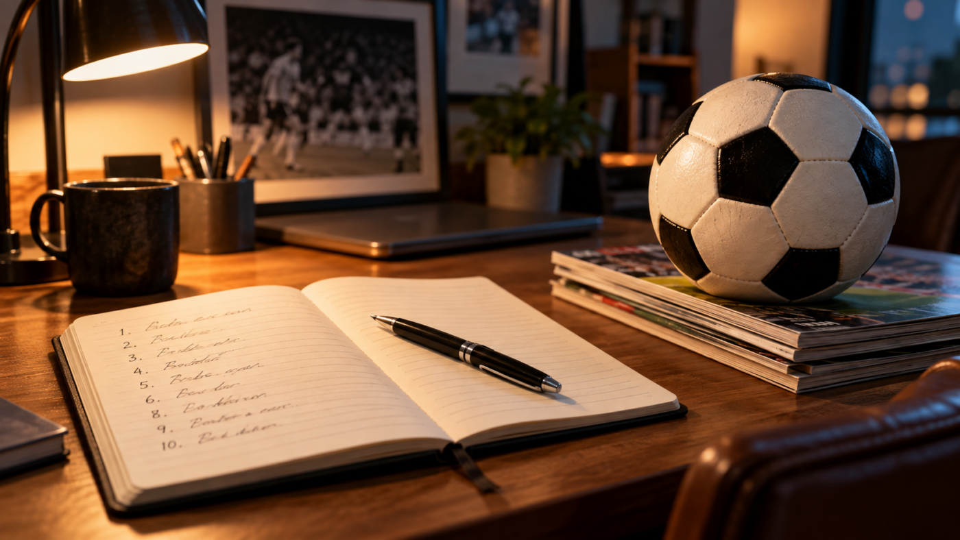 Carnet ouvert sur une liste numérotée de dix lignes manuscrites, stylo posé dessus, ballon de football sur une pile de magazines, lumière de lampe de bureau
