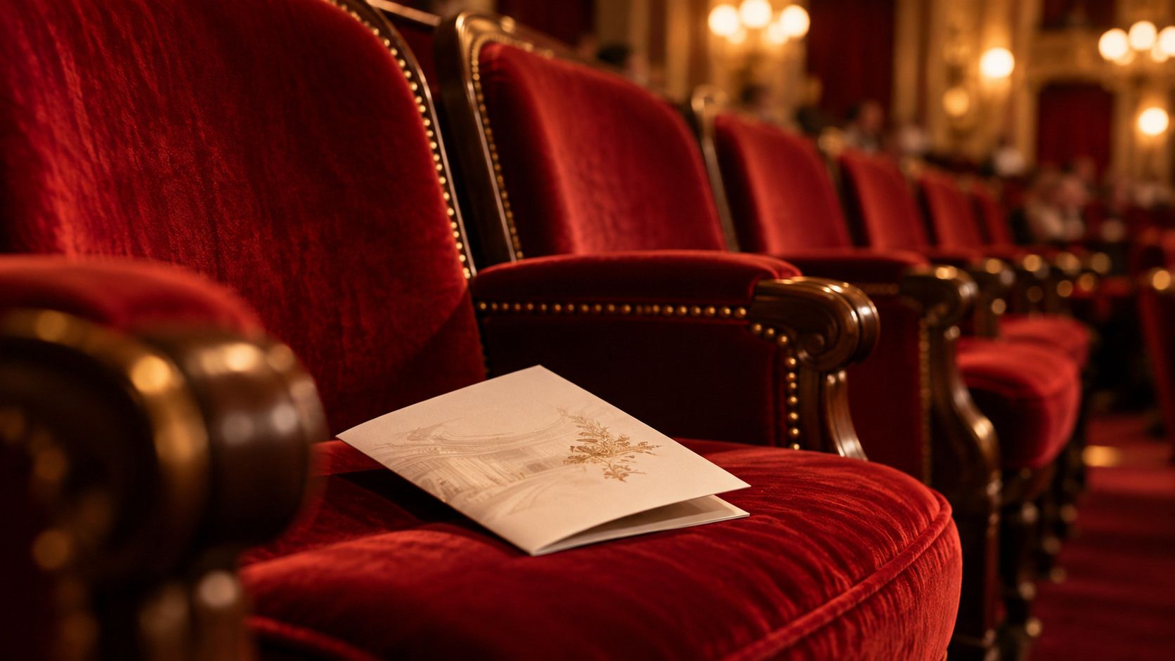 Rangée de fauteuils de théâtre en velours rouge, un programme plié posé sur l'un d'eux