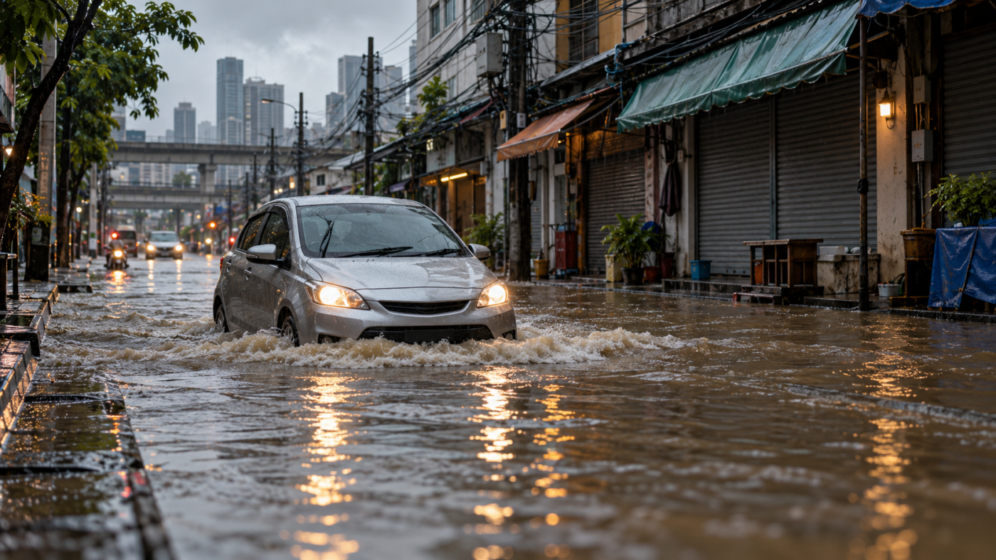 Petite voiture avançant dans une rue inondée jusqu’aux passages de roue, devant des commerces fermés