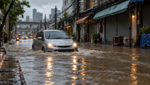 Petite voiture avançant dans une rue inondée jusqu’aux passages de roue, devant des commerces fermés