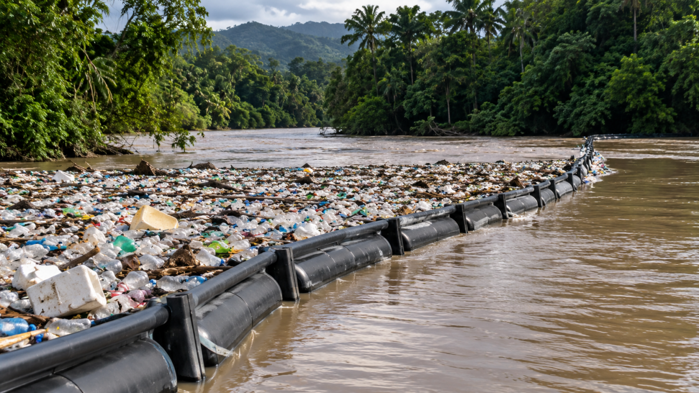 Un barrage flottant tendu en travers d’un fleuve tropical en crue retient un tapis compact de déchets plastiques.