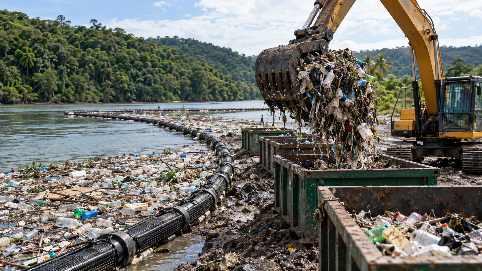 Une pelleteuse sort des déchets du barrage et les dépose sur une berge boueuse, près de bennes alignées.