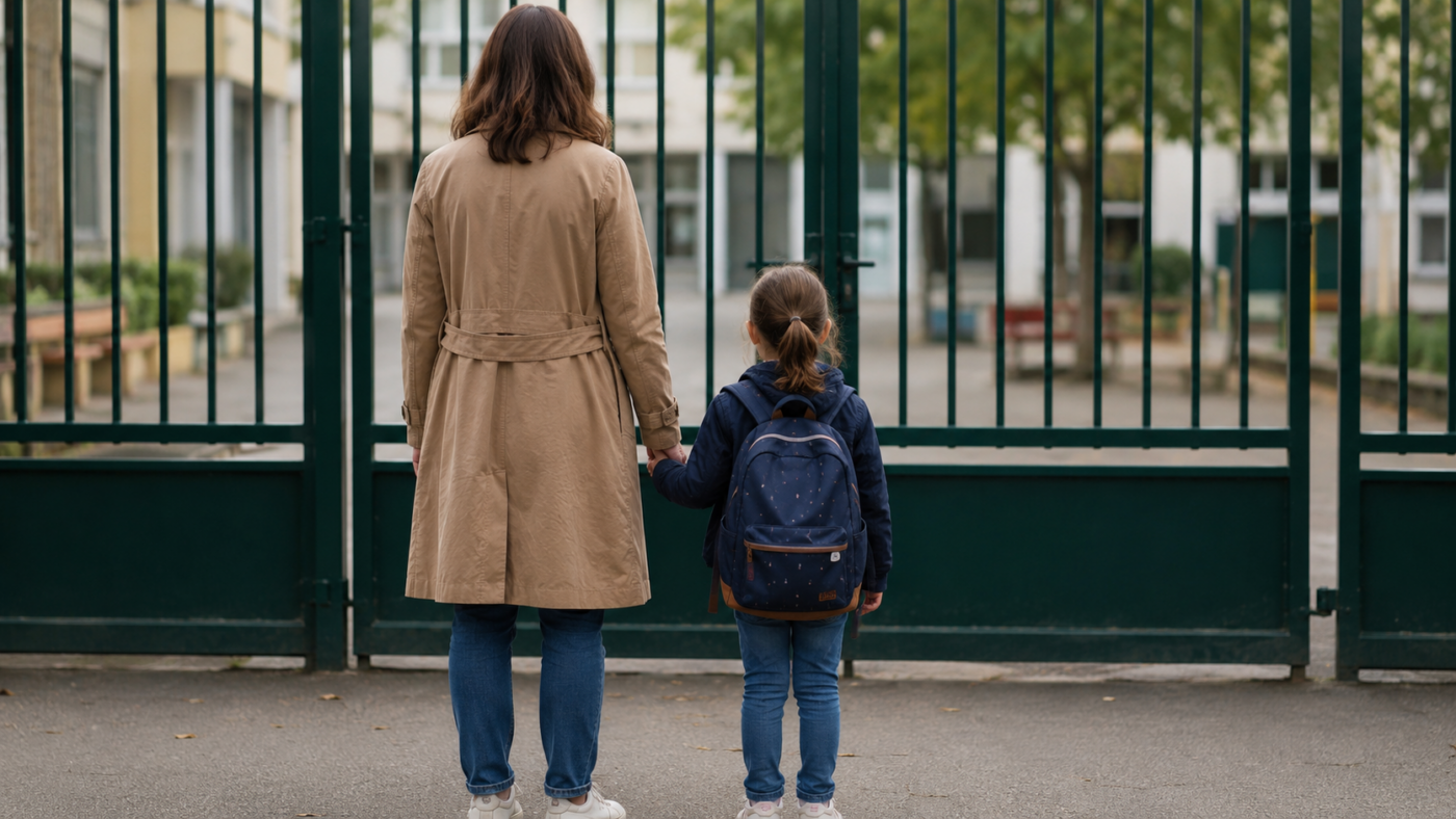 Un adulte de dos tient la main d’un enfant portant un cartable, devant la grille d’une école à la sortie des classes.
