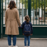 Un adulte de dos tient la main d’un enfant portant un cartable, devant la grille d’une école à la sortie des classes.