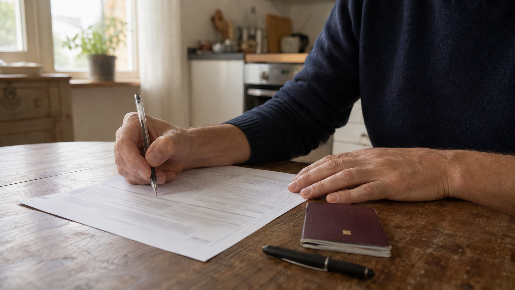 Mains d’adulte remplissant un formulaire administratif sur une table de cuisine, à côté d’un passeport et d’un stylo.