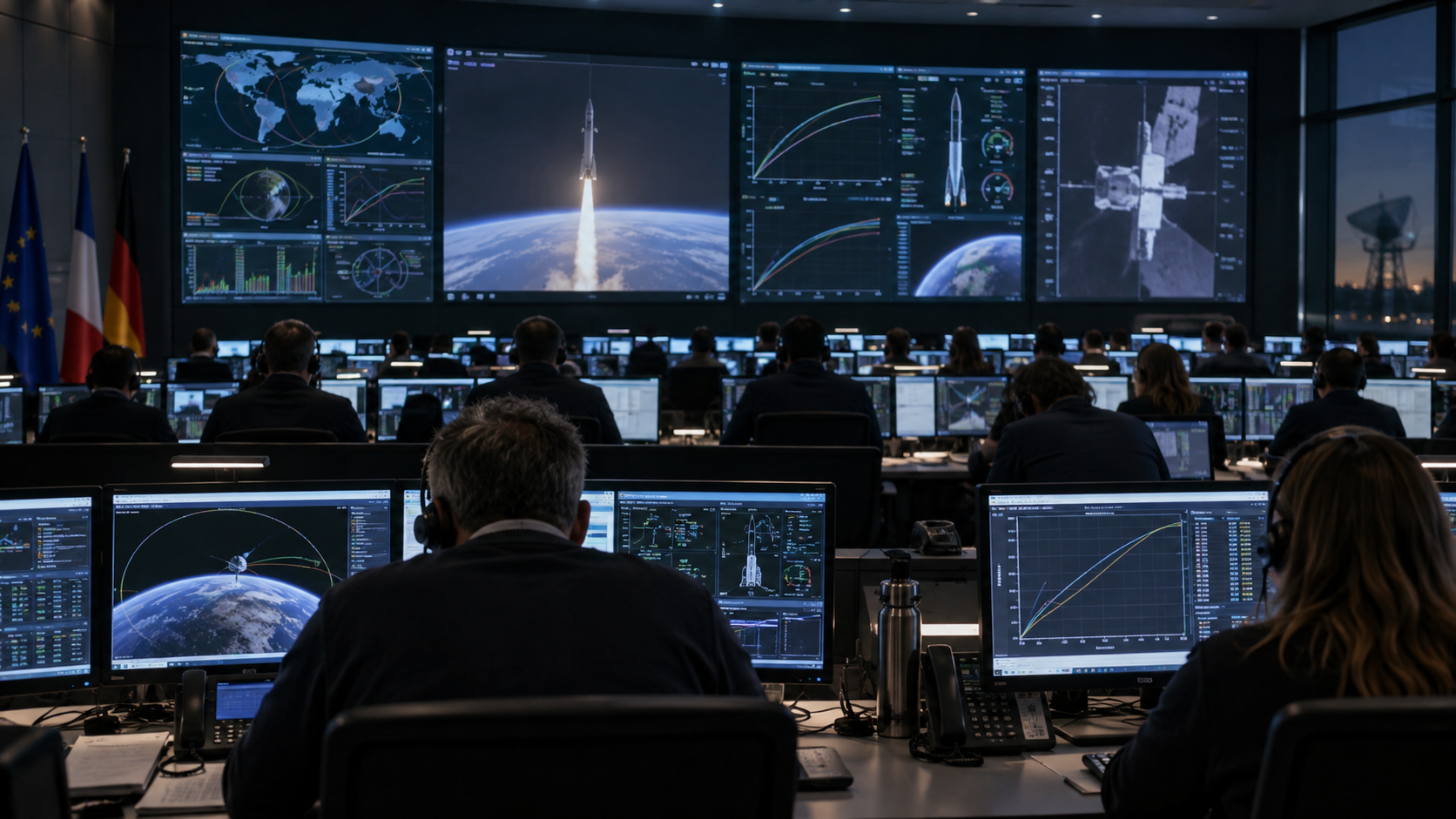 Salle de contrôle de mission vue de dos : rangées de consoles, courbes de télémétrie sur les écrans, opérateurs penchés sur leurs postes.