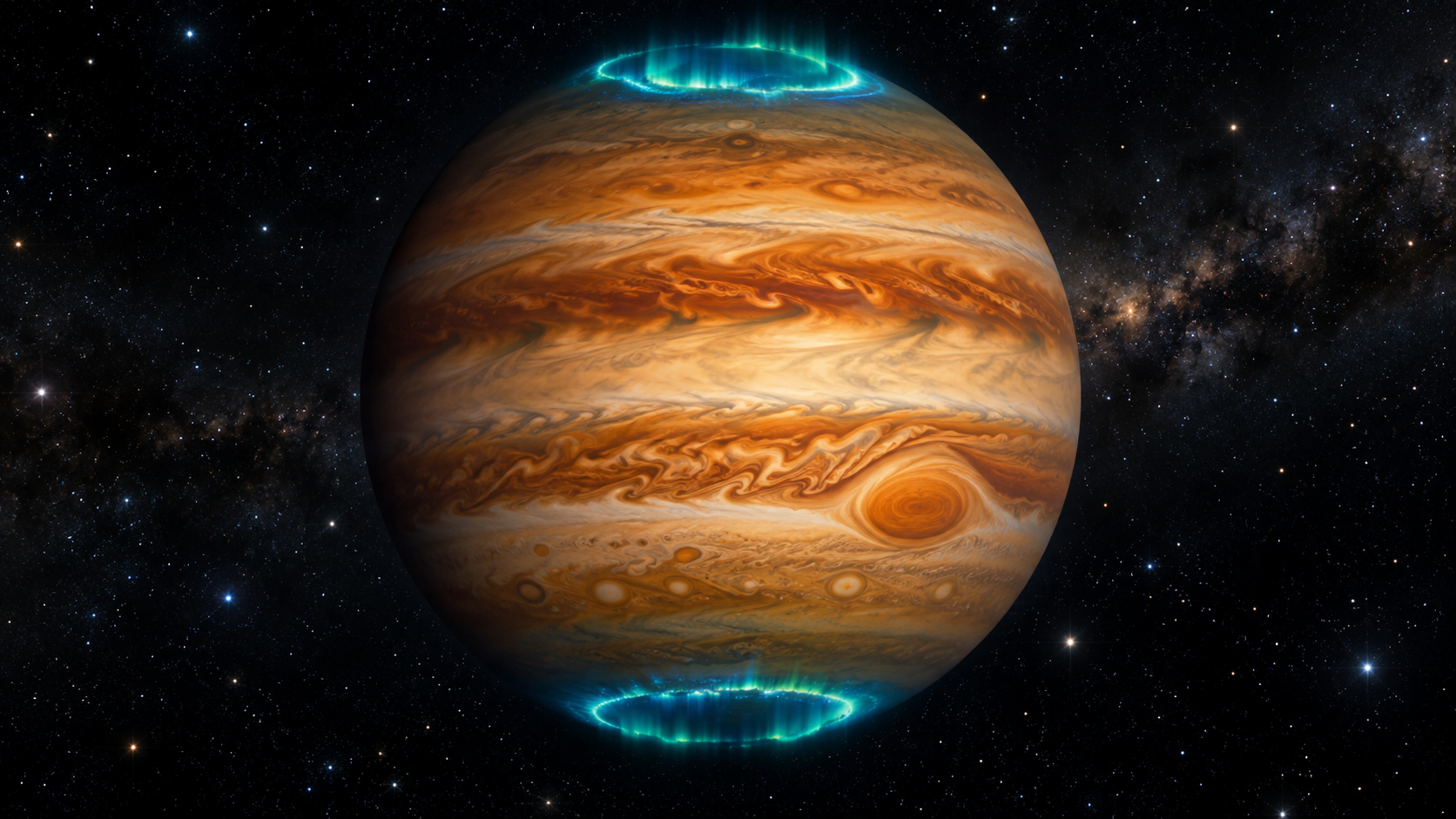 Une planète géante gazeuse aux bandes orangées, ceinte de deux ovales d’aurores bleu-vert autour de ses pôles magnétiques.