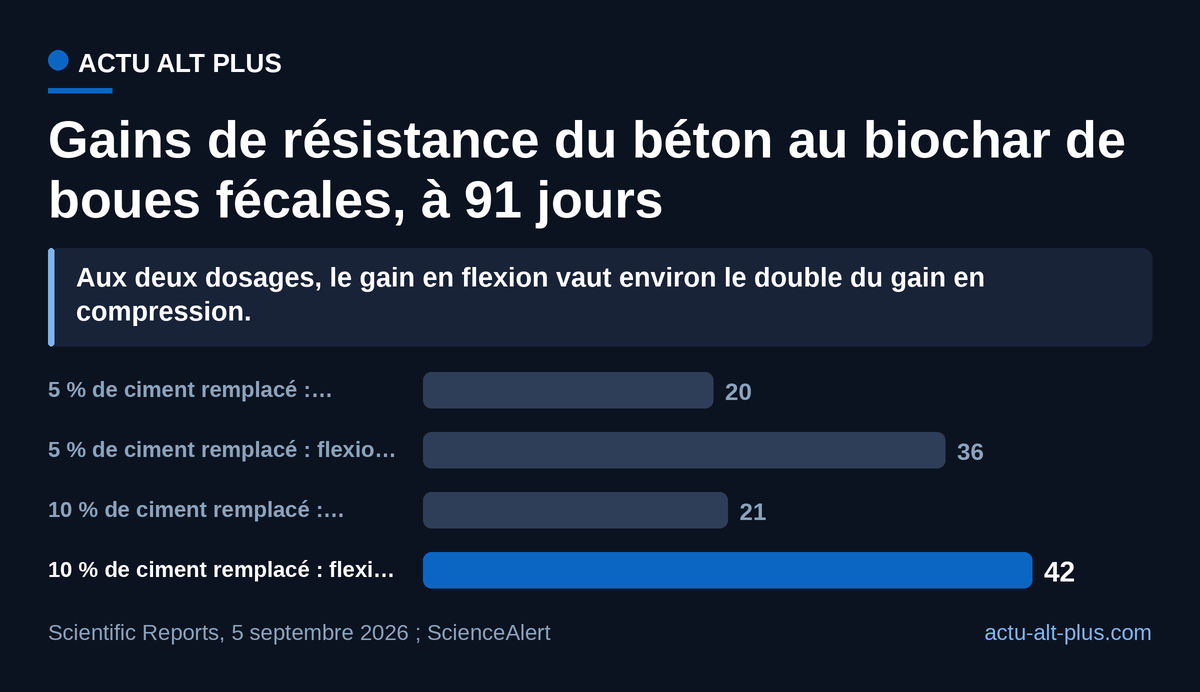 À 91 jours, le biochar aide environ deux fois plus le béton à résister à la flexion qu’à l’écrasement. Les valeurs au dosage de 15 % ne sont pas détaillées dans le résumé de l’étude.