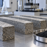 Éprouvettes de béton gris alignées sur une paillasse de laboratoire, à côté d’une coupelle d’acier remplie de poudre noire.