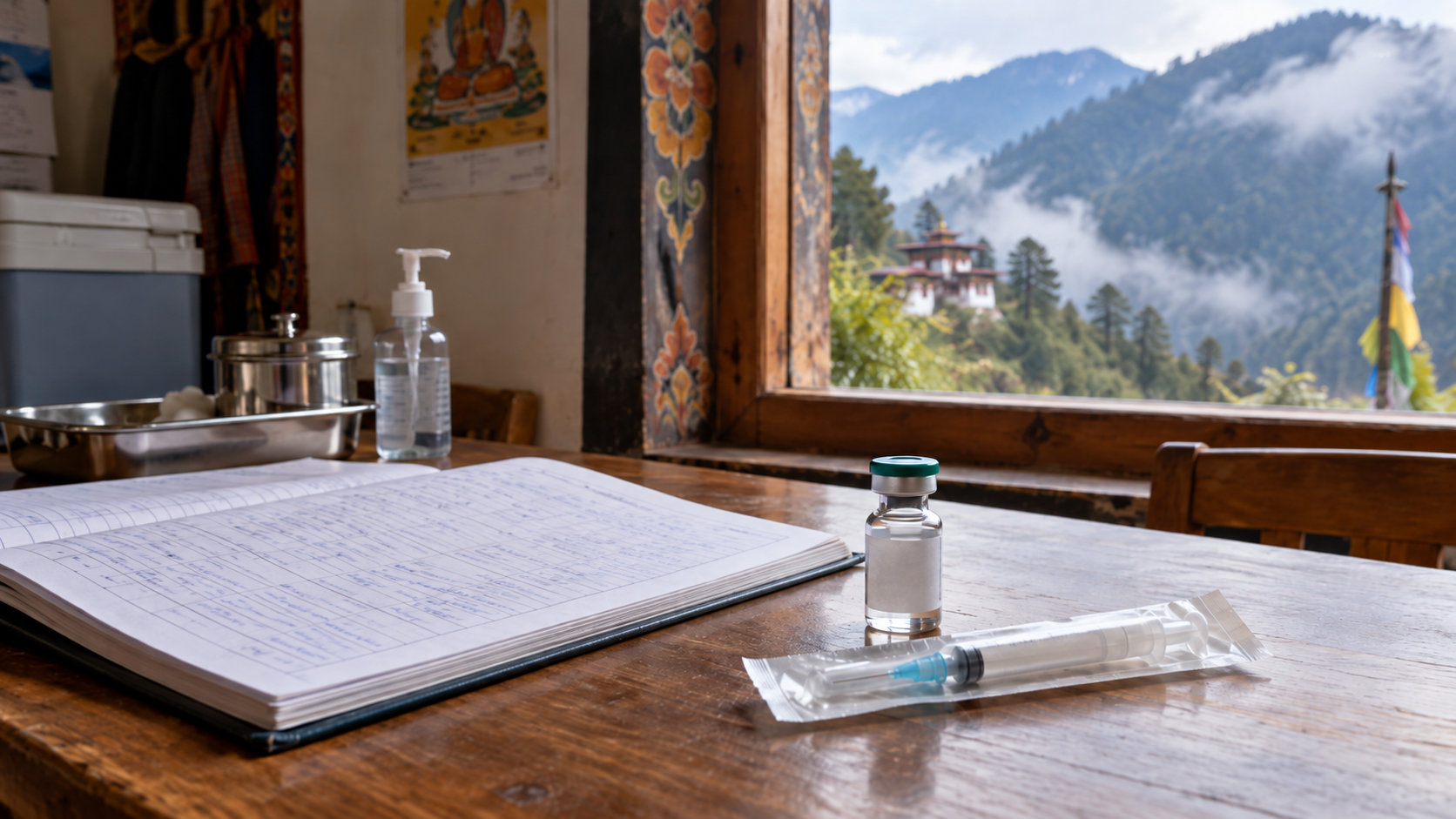 Sur la table d'un dispensaire de montagne, un registre de vaccination ouvert, un flacon de vaccin et une seringue sous blister, la brume des versants par la fenêtre.
