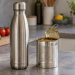 Une gourde en inox posée à côté d’une boîte de conserve ouverte sur un plan de travail de cuisine.