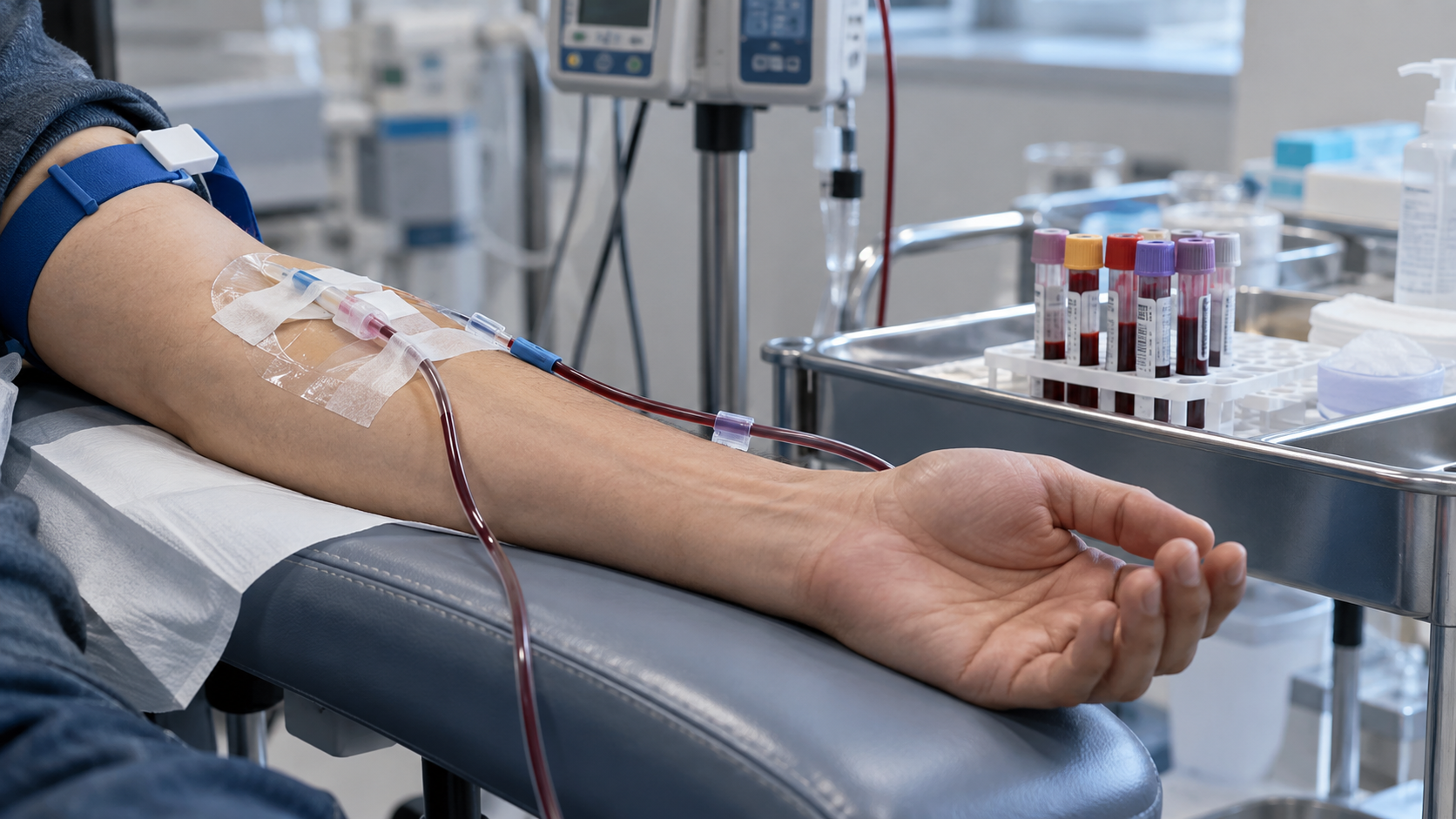 Un avant-bras relié à une perfusion sur l’accoudoir d’un fauteuil de laboratoire, à côté d’un plateau de tubes de prélèvement.