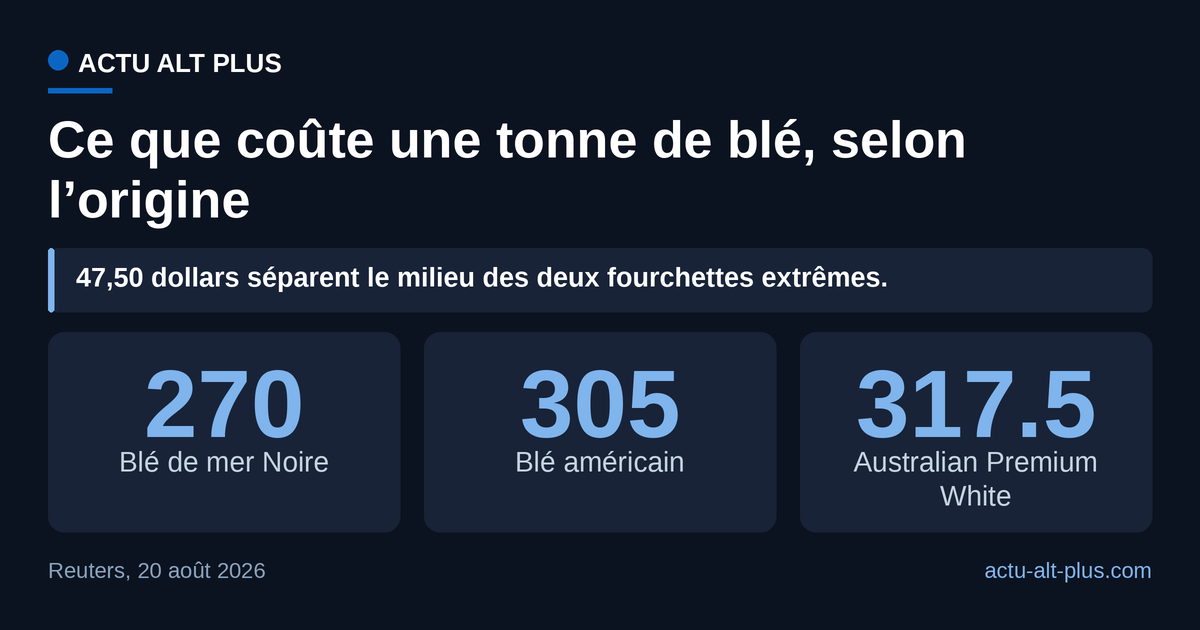 Remplacer une tonne de blé de mer Noire coûte 35 à 60 dollars de plus selon les bornes retenues. Valeurs au milieu des fourchettes cotées le 20 août 2026, coût et fret compris pour l’Asie.