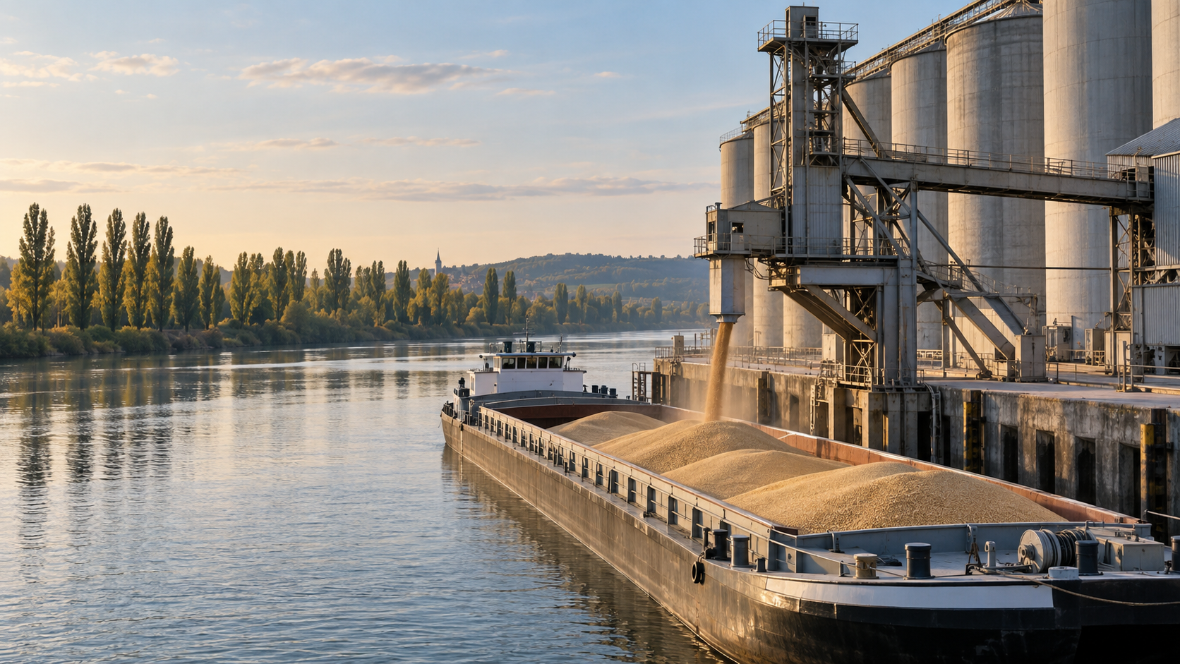 Un silo à céréales au bord d’un fleuve, une barge chargée de blé attendant sous la tour de chargement, des peupliers sur la rive d’en face.