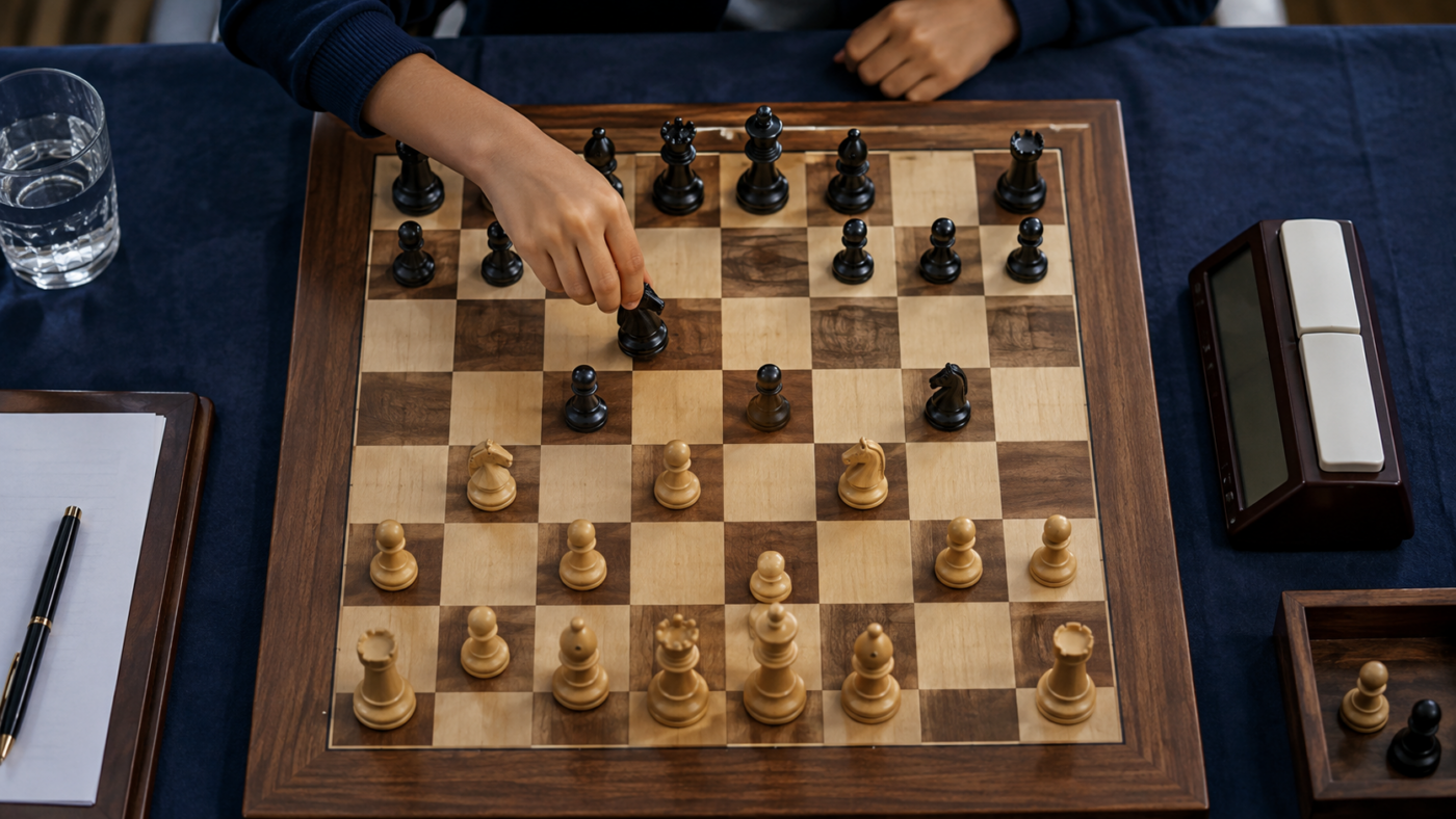 Vue de dessus des mains d’une enfant déplaçant un cavalier noir sur un échiquier de tournoi, pendule posée à côté.