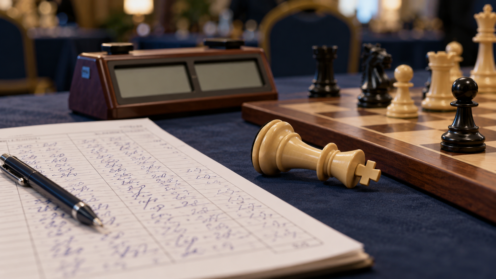 Feuille de partie manuscrite posée près d’une pendule d’échecs et d’un roi blanc couché sur une table de tournoi.