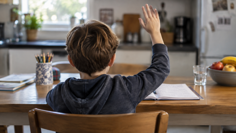 Un enfant de dos, assis à la table de la cuisine, lève la main au-dessus d'un cahier ouvert.