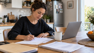 Un parent remplit un formulaire d’inscription scolaire à la table de la cuisine, un ordinateur portable ouvert à côté.
