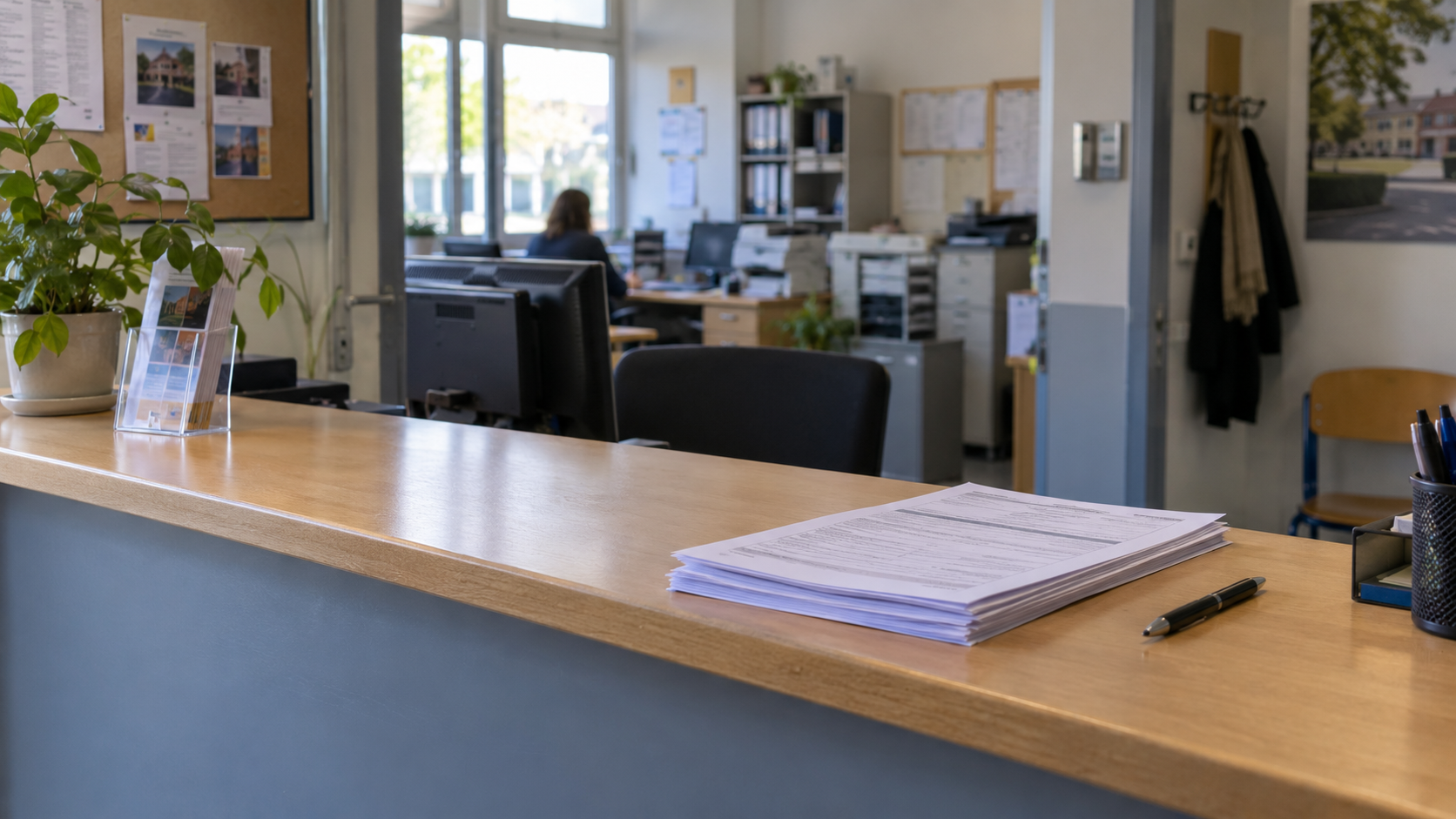 Le comptoir du secrétariat d’un collège, une pile de formulaires de demande posée à côté d’un stylo.