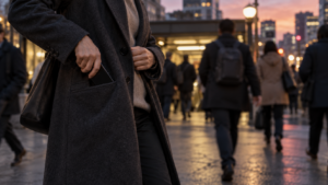 Une main glisse un téléphone au fond d’une poche de manteau à la sortie d’une station de métro bondée, à la tombée du jour.