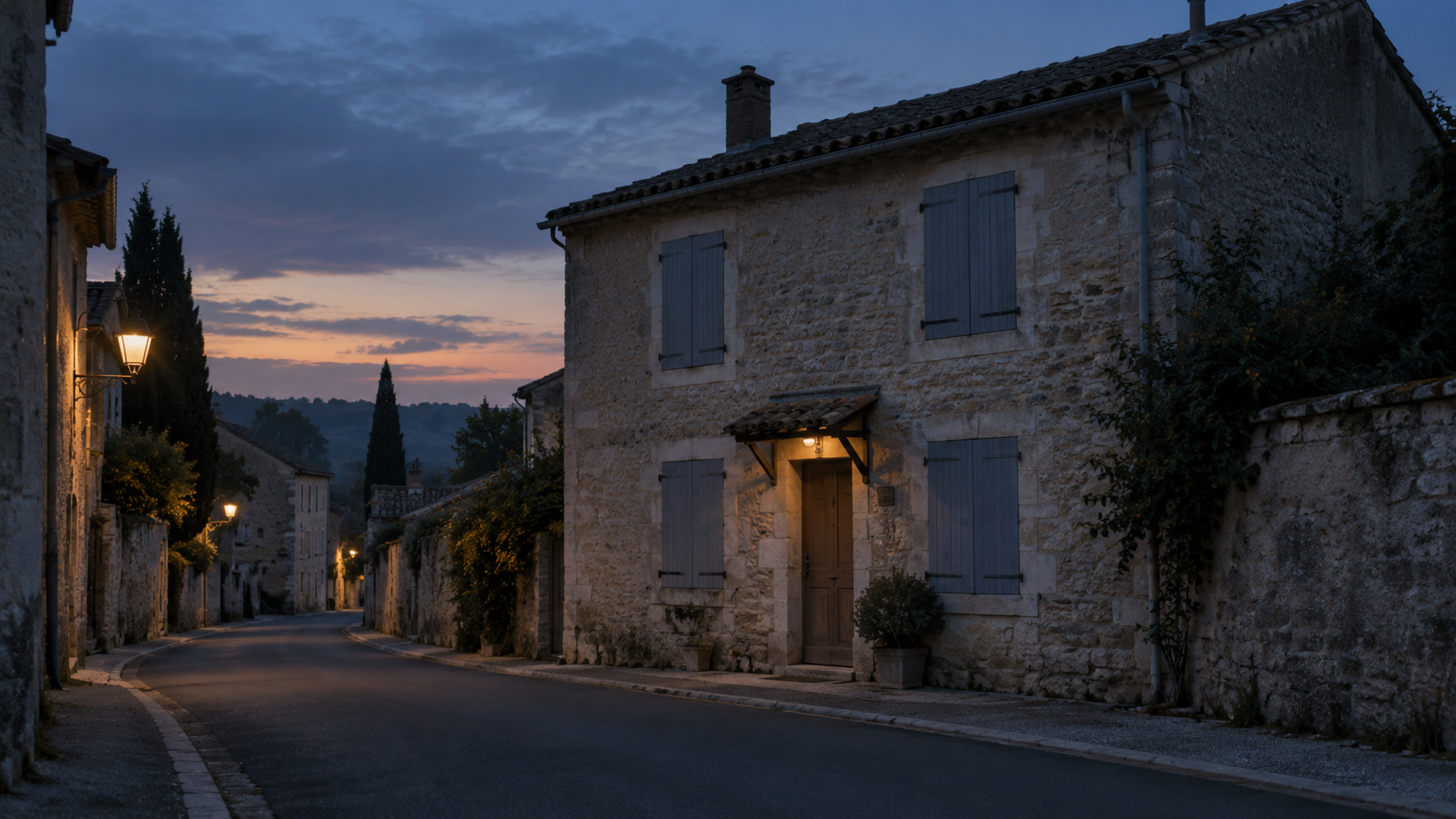 Une maison isolée dans la rue d’un village français à la tombée du soir, volets fermés et chaussée déserte.