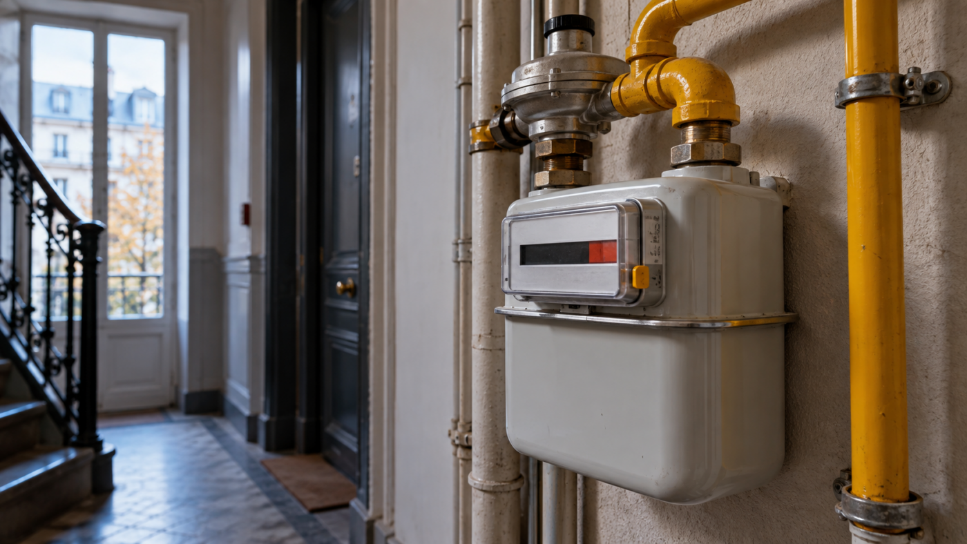 Compteur de gaz résidentiel fixé au mur clair d’un couloir d’immeuble, dans la lumière grise d’un matin d’automne.