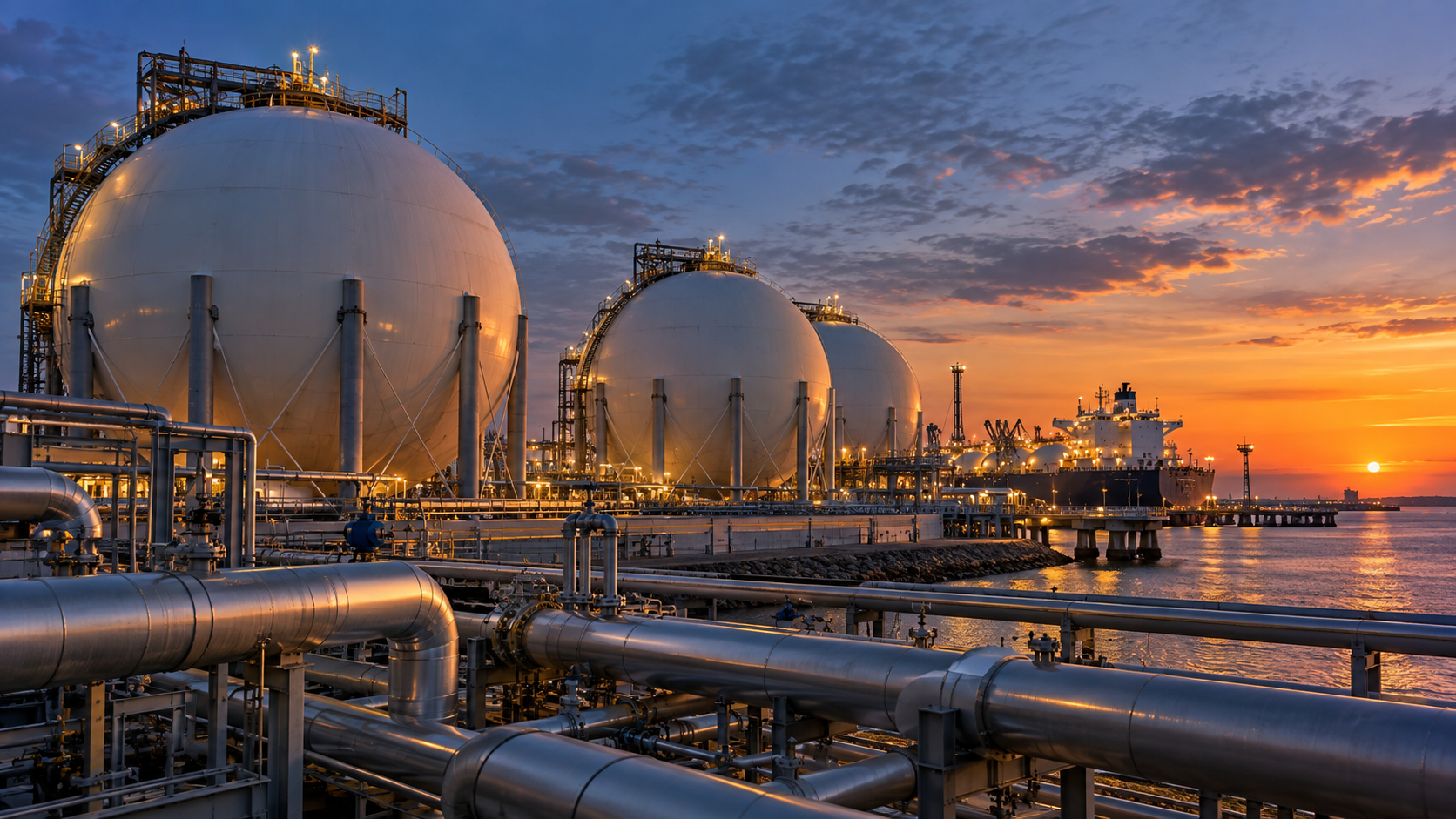 Réservoirs sphériques de gaz naturel liquéfié dans un terminal portuaire européen au crépuscule, tuyauteries d’acier au premier plan.