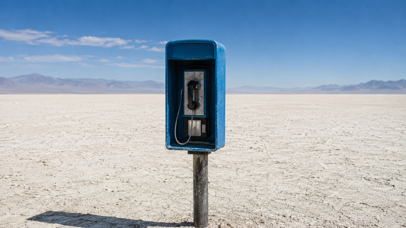 Une cabine téléphonique bleue montée sur un poteau, seule sur une étendue de désert blanche et craquelée.