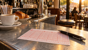 Une grille de loterie vierge et un stylo posés sur le comptoir en zinc d’un café, en fin d’après-midi.