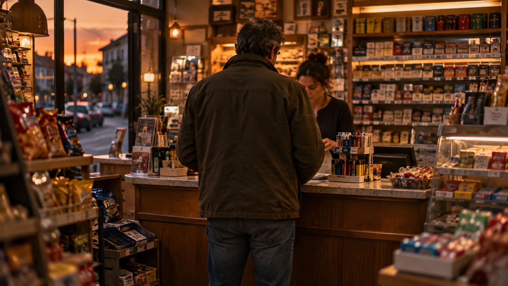 Un client de dos au comptoir d’un bureau de tabac de quartier, à la tombée du soir.