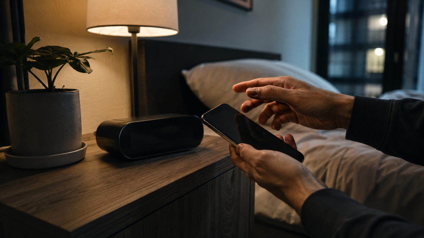 Deux mains d’adulte approchent un smartphone d’un réveil numérique posé sur une table de nuit en bois, dans une chambre d’appartement loué.