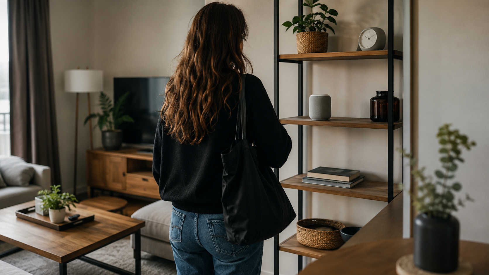 Un voyageur vu de dos observe une étagère de salon dans un meublé de location, près d’une petite enceinte et d’une horloge.