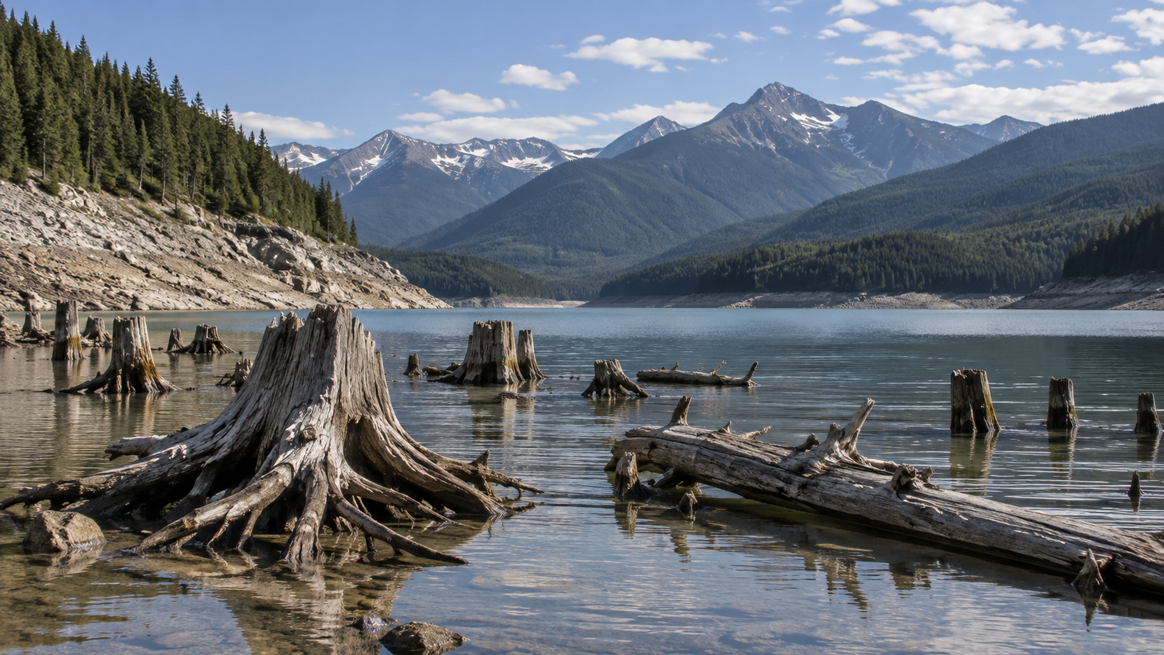 Souches et troncs blanchis émergeant de l’eau basse d’un grand réservoir hydroélectrique de montagne.