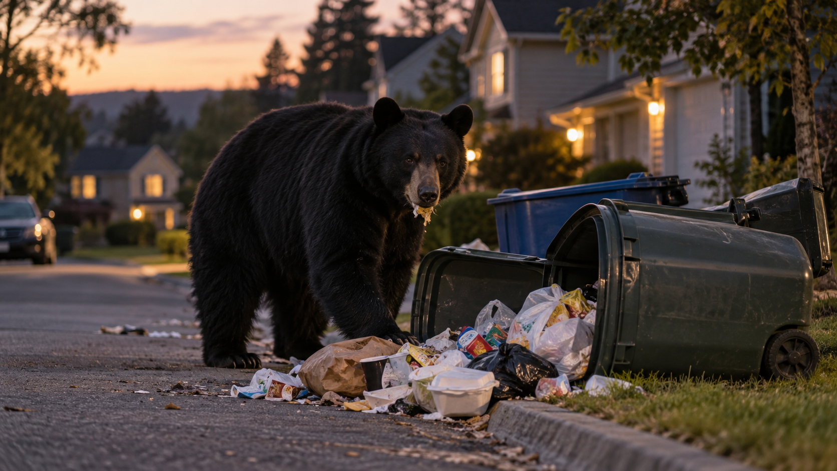 Un ours noir près de poubelles renversées en bordure d’un quartier résidentiel, à la tombée du jour.