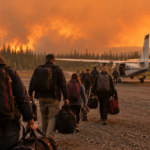 Des habitants vus de dos, sacs à la main, rejoignent un petit avion sur une piste de gravier, sous un ciel saturé de fumée orange.