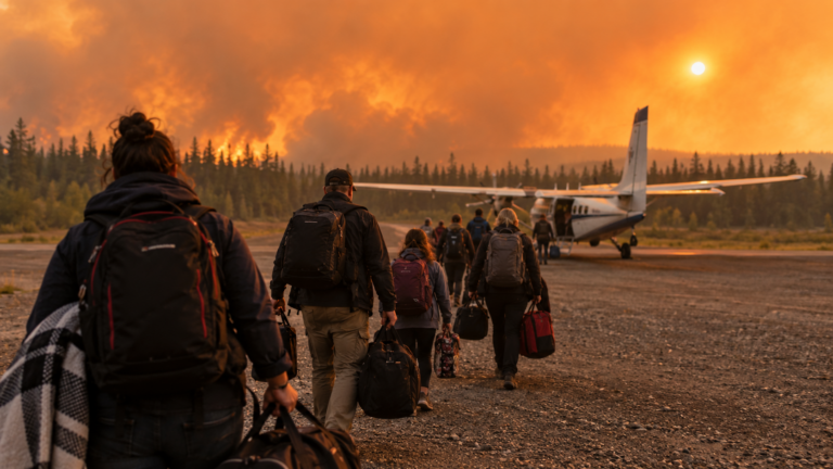 Des habitants vus de dos, sacs à la main, rejoignent un petit avion sur une piste de gravier, sous un ciel saturé de fumée orange.