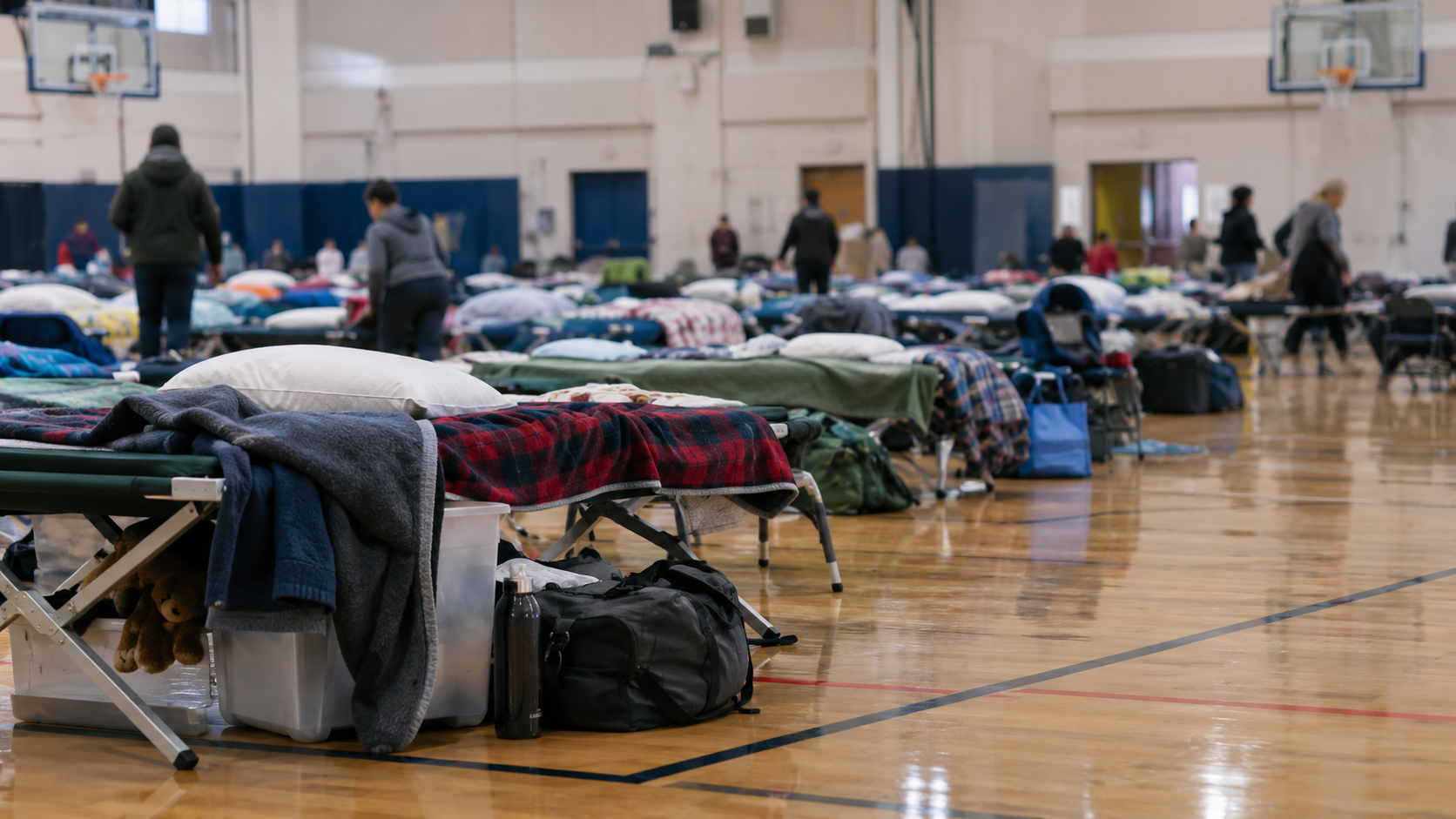 Un gymnase transformé en centre d’accueil, avec des rangées de lits de camp et des sacs posés au sol.