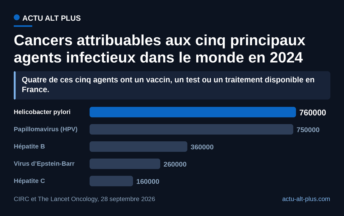 Helicobacter pylori et les papillomavirus portent à eux seuls les deux tiers des 2,3 millions de cas : ce sont aussi les deux agents contre lesquels la France dispose à la fois d’un traitement et d’un dépistage. Les cas d’un même cancer ne sont attribués qu’à un seul agent.