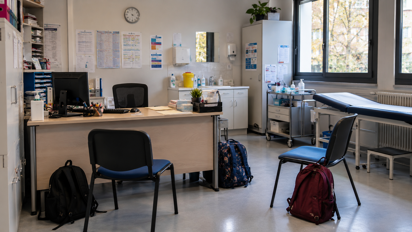 Le bureau de l’infirmerie d’un collège, avec des chaises vides et des sacs à dos posés au sol.