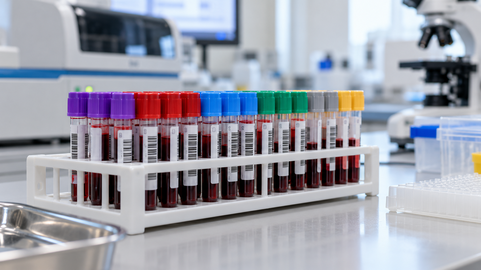 Des tubes de prélèvement sanguin alignés dans un portoir, sur le plan de travail d’un laboratoire.
