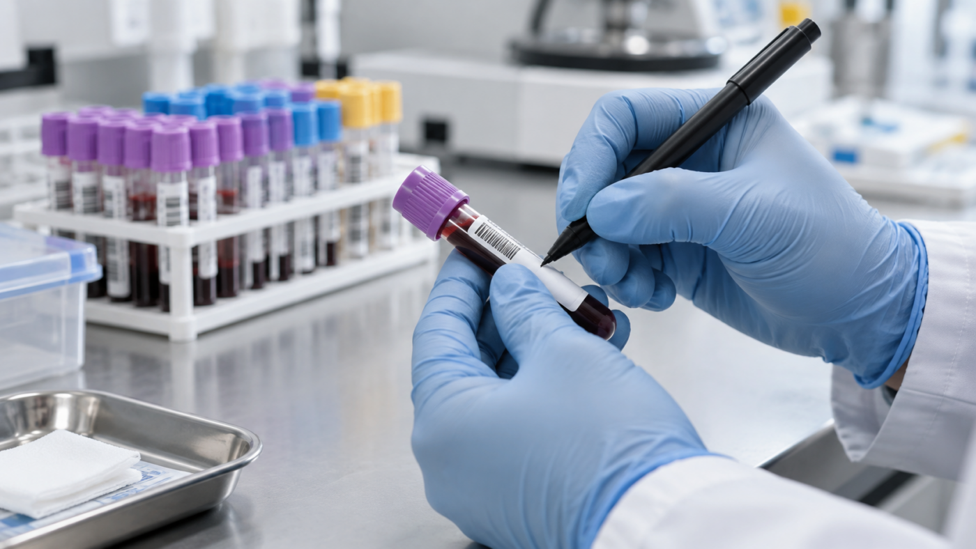Une main gantée étiquette un tube de prélèvement sanguin sur une paillasse de laboratoire, un portoir d’échantillons en arrière-plan.