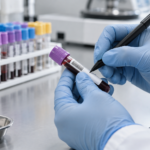 Une main gantée étiquette un tube de prélèvement sanguin sur une paillasse de laboratoire, un portoir d’échantillons en arrière-plan.