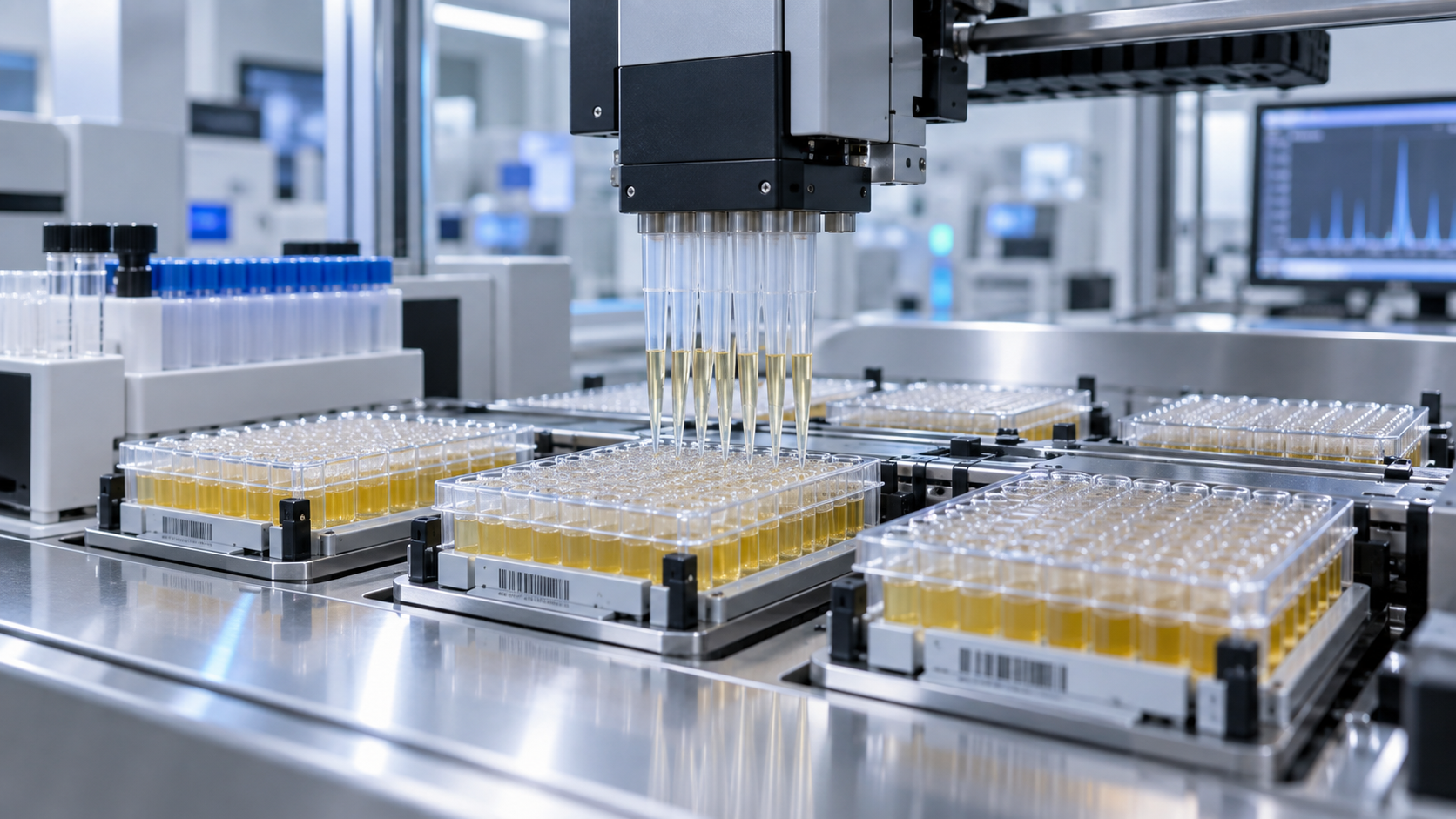 Un automate de laboratoire traite des plaques d’échantillons de plasma alignées sur un plan en inox, bras de pipetage en mouvement.