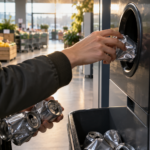 Des mains glissent des canettes vides une à une dans l’automate de consigne d’un supermarché, tôt le matin.