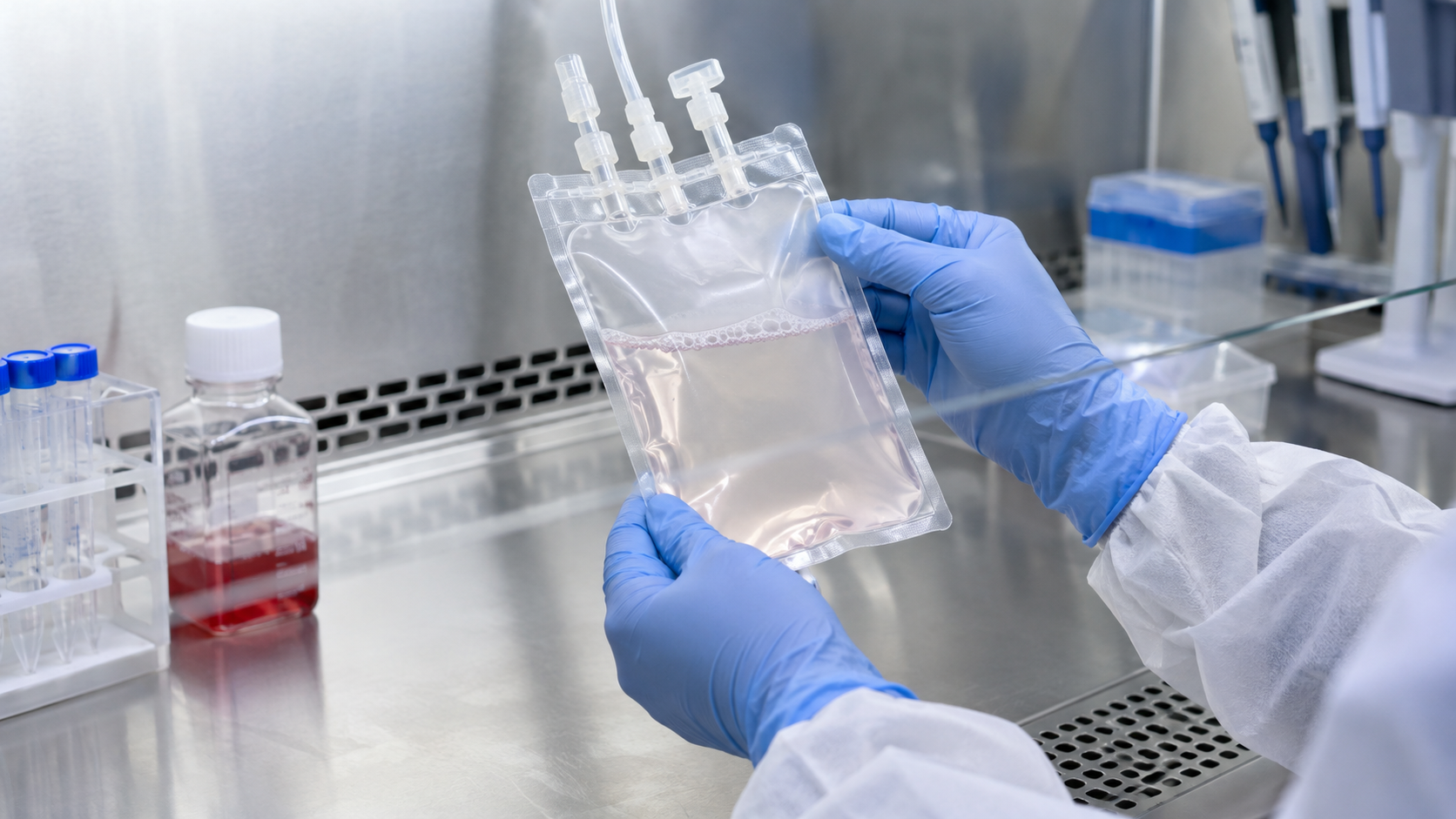 Des mains gantées tiennent une poche scellée de suspension cellulaire sous une hotte de laboratoire.
