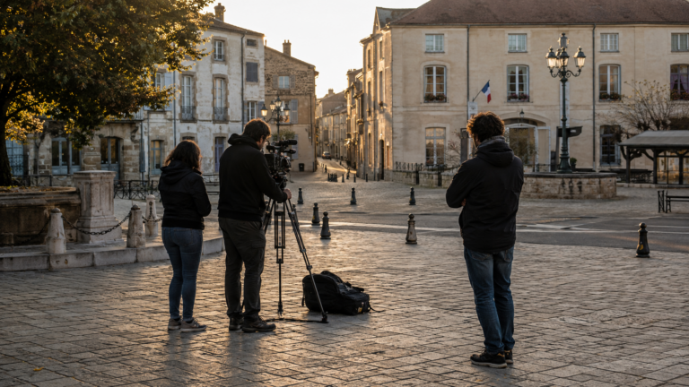 Une petite équipe de tournage installe une caméra sur trépied sur une place pavée d’une ville française, en fin d’après-midi.