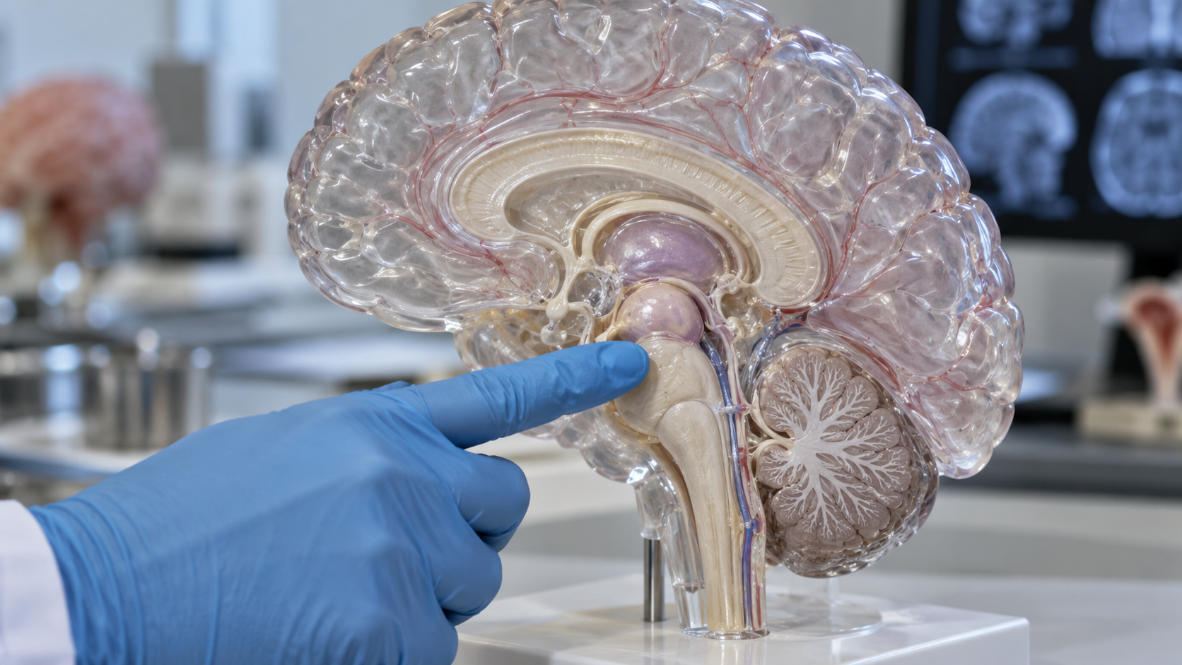 Main gantée désignant le tronc cérébral sur un modèle anatomique translucide de cerveau.